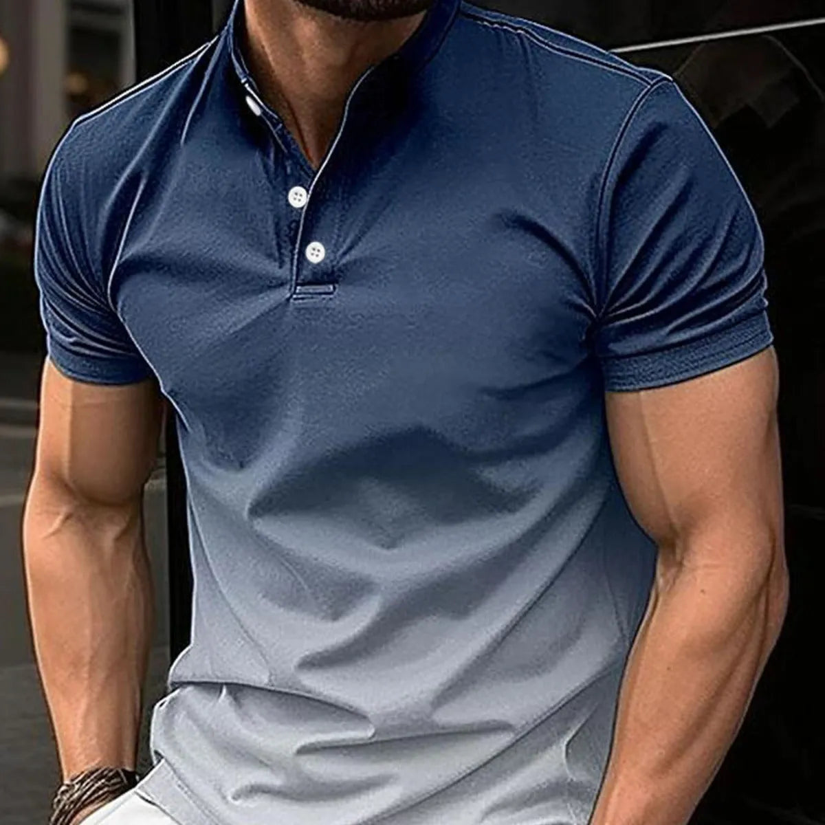 Cotton blend stand collar gradient short sleeve t-shirt in green, regular fit, short sleeves, colour-block pattern