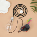 Grey and yellow retractable cat teaser toy hanging on door frame with treat bulb and dangling mouse.