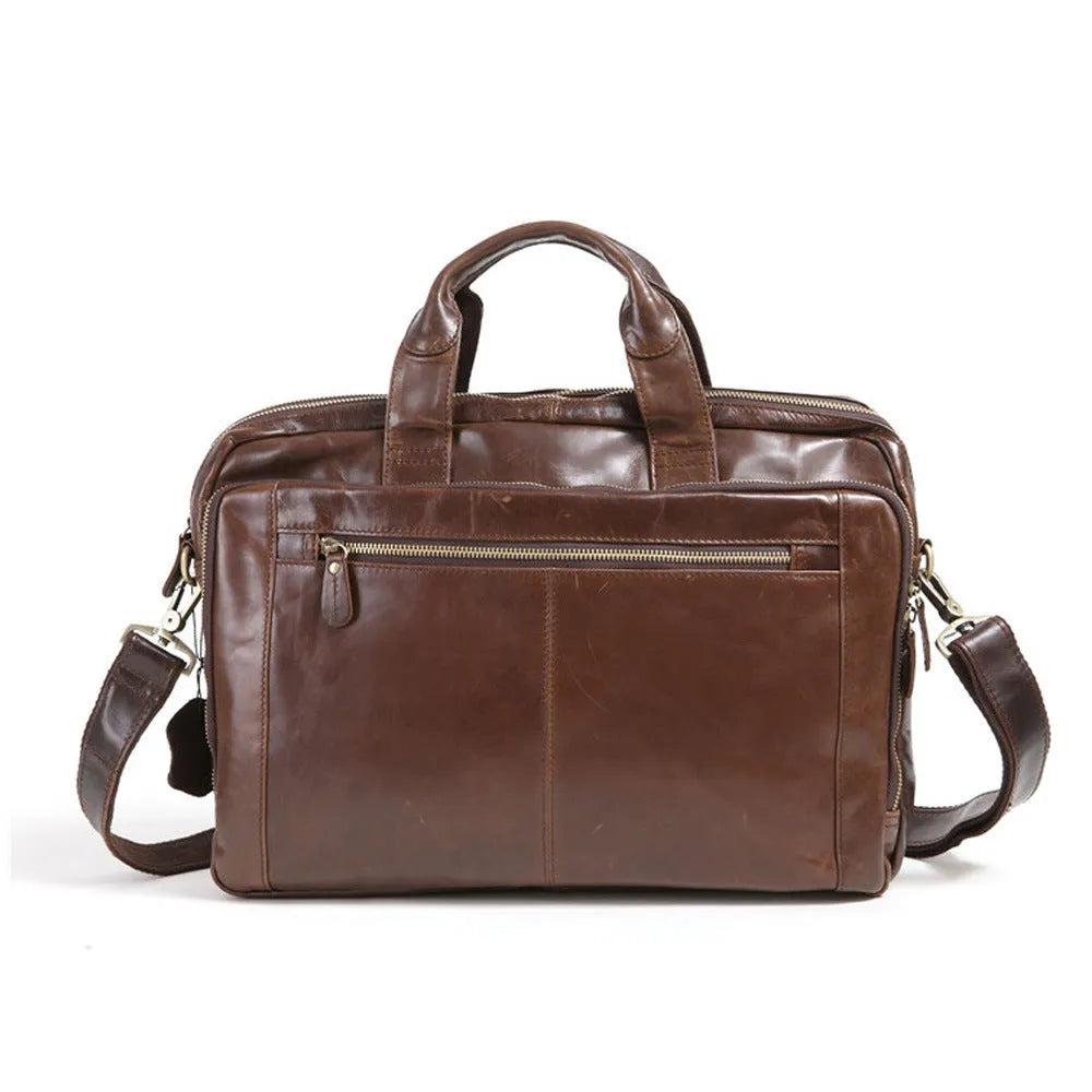 Brown leather men's business briefcase with 18-inch dimensions and polyester cotton lining