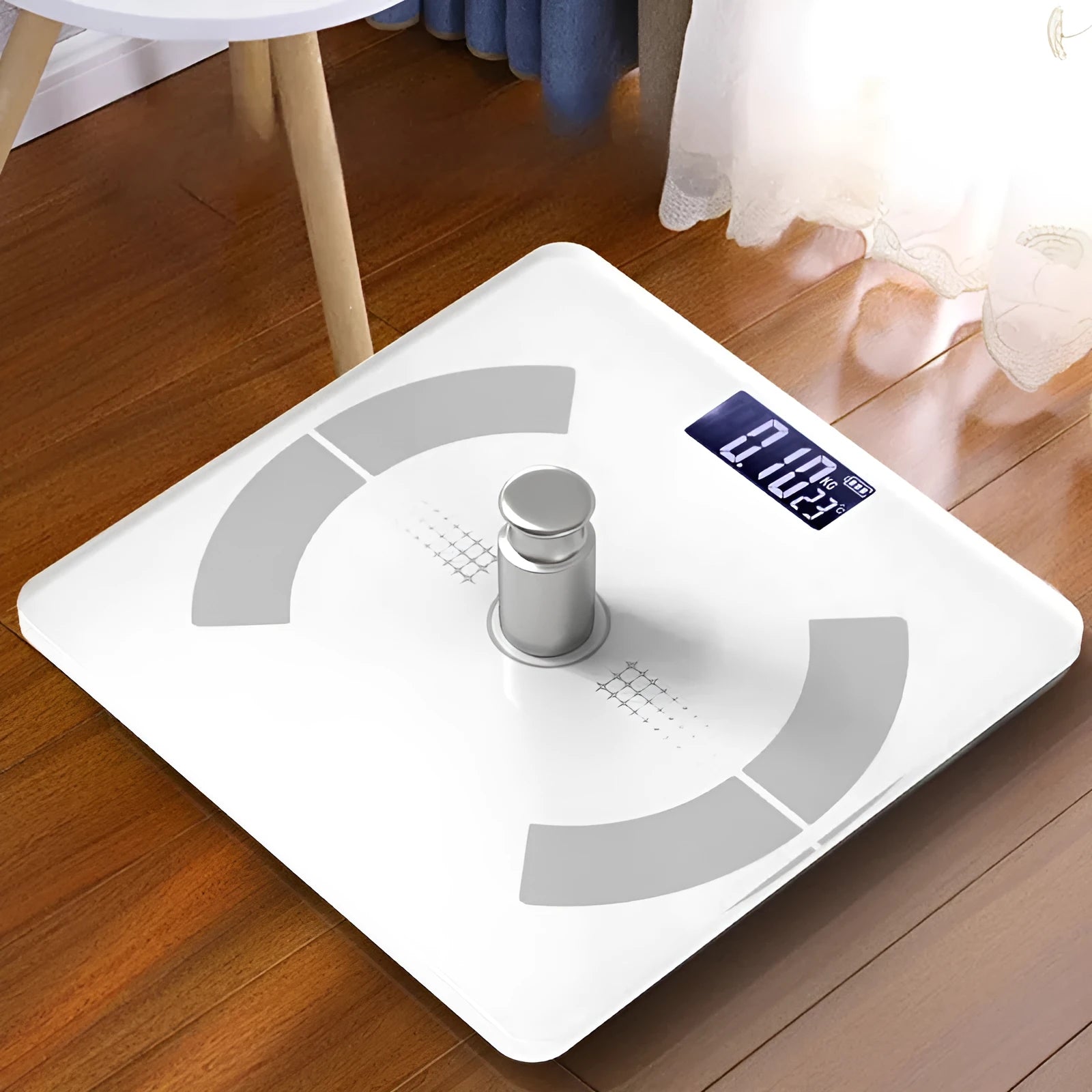 Smart Bluetooth rechargeable body fat scale in white, black, or pink colour on a bathroom floor.