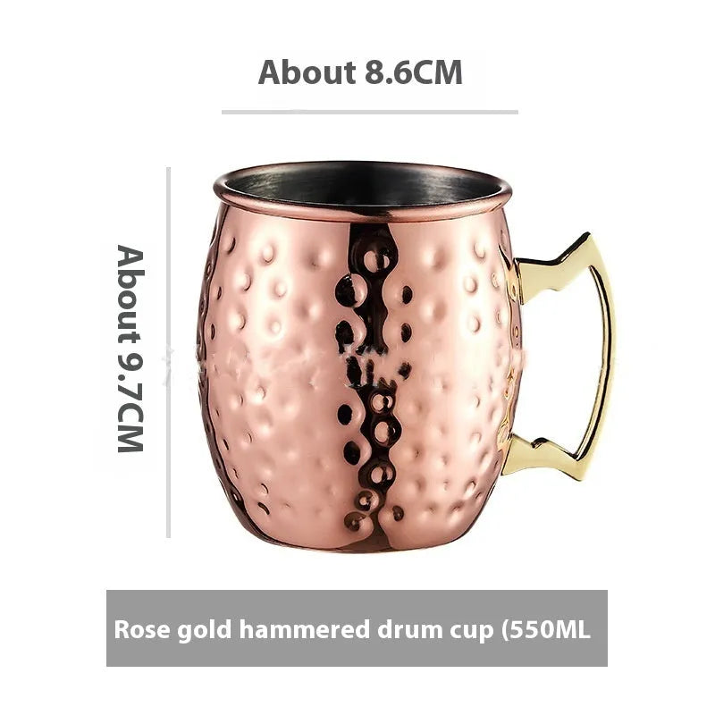 Stainless steel Moscow Mule cup with copper-plated finish in hammered and plain styles.
