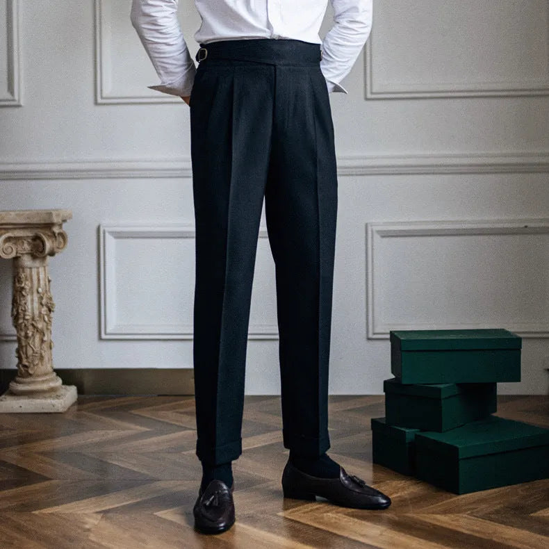 Men's high waist straight leg casual trousers in black polyester fabric for leisure wear.