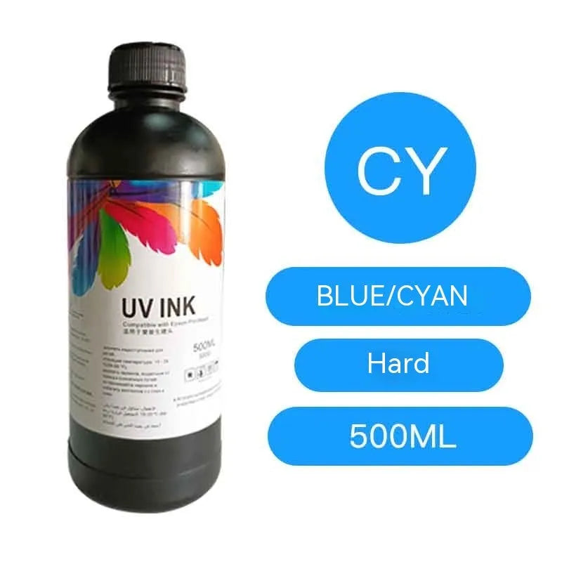 500ml bottle of Epson UV printer ink for XP600 TX800 F186000 F189000 models, showing colour options.