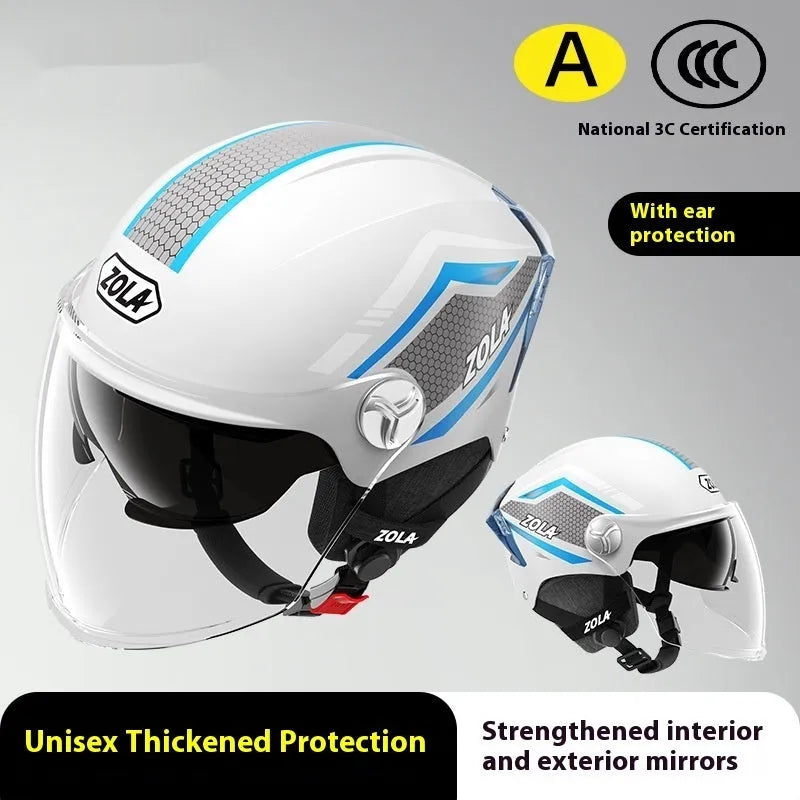 Motorcycle half helmet with double mirror visor in ABS construction, showing universal fit design