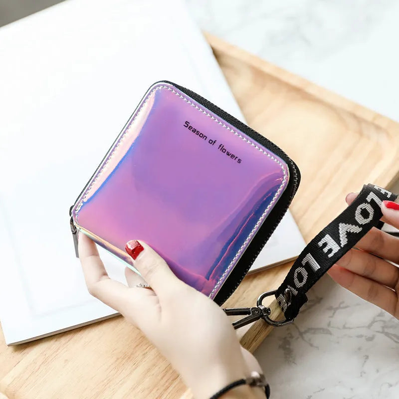 Short Korean style PU leather women's folding wallet in glitter, blue or green, showing compact 11cm size.