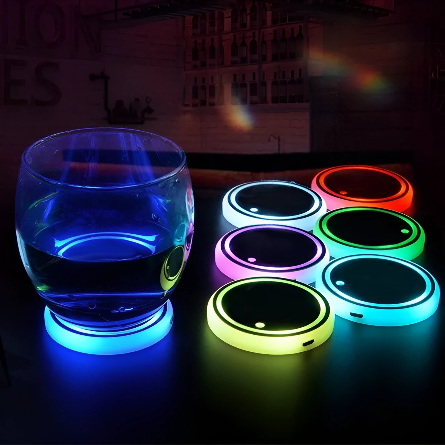 Car cup holder LED light-up coaster with 7 colour lighting and USB charging cable