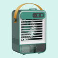 Dark Green compact desktop fan with USB port and control buttons, shown on a wooden desk.