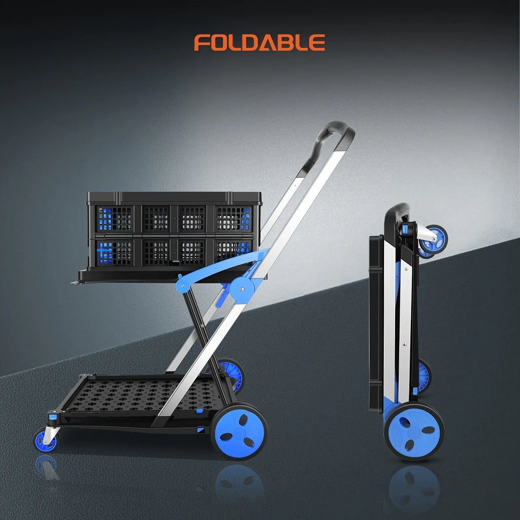 Foldable blue shopping cart with double-layer plastic baskets for grocery transport