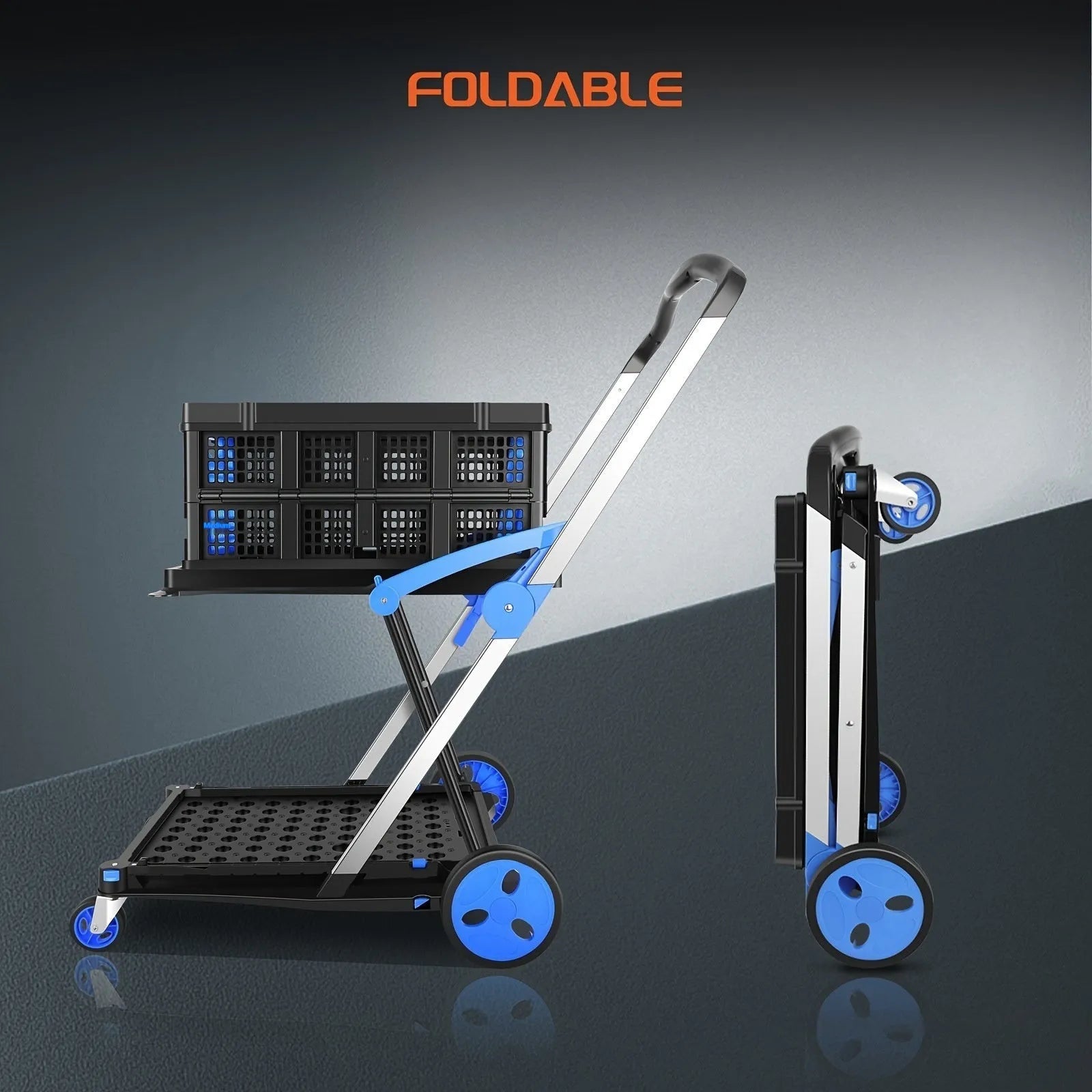 Foldable blue shopping cart with double-layer plastic baskets for grocery transport