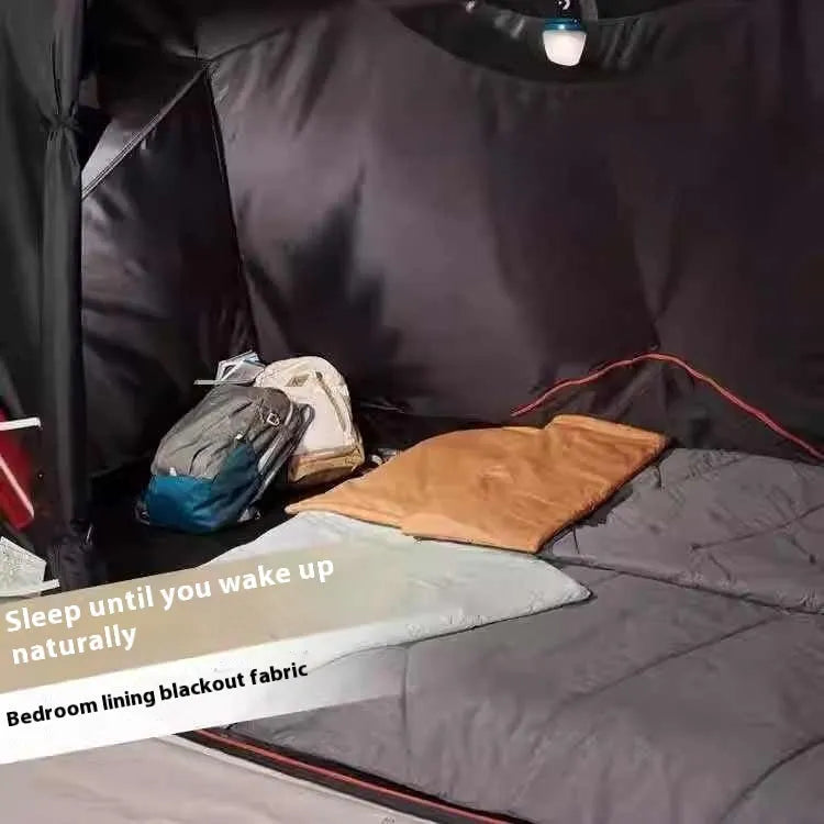 Inflatable camping tent for 4 people with hand pump, double-sheet design, polyethylene base, and shading rainfly