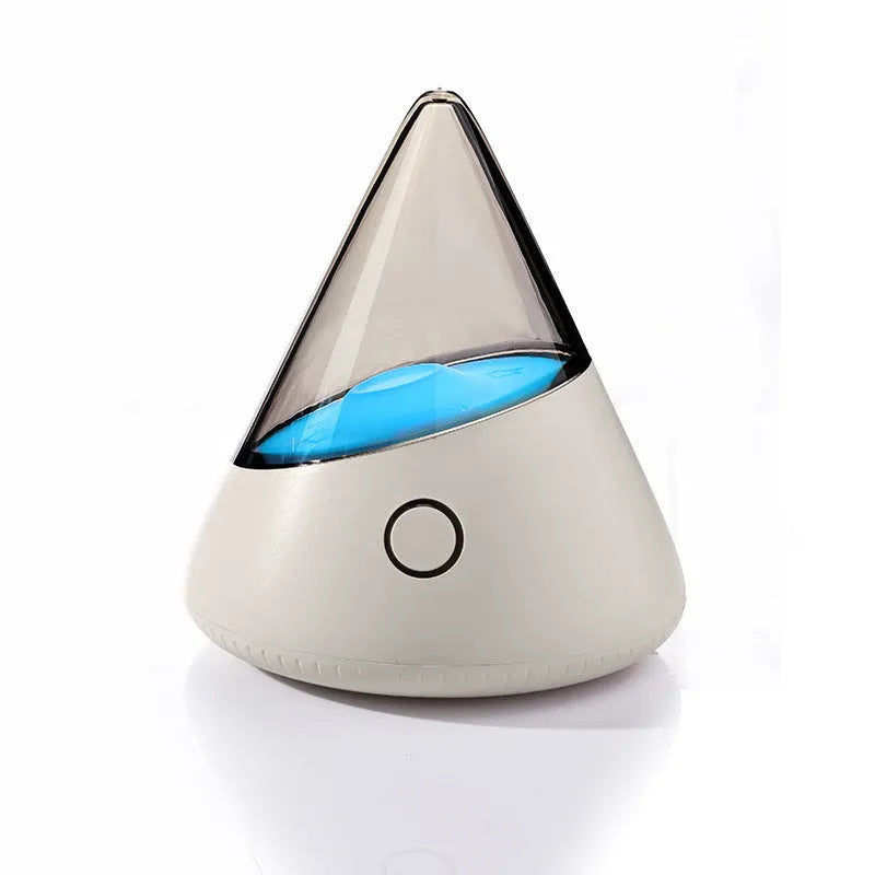 Colourful small geometric night lamp with built-in battery and Type-C charging cable on a wooden shelf