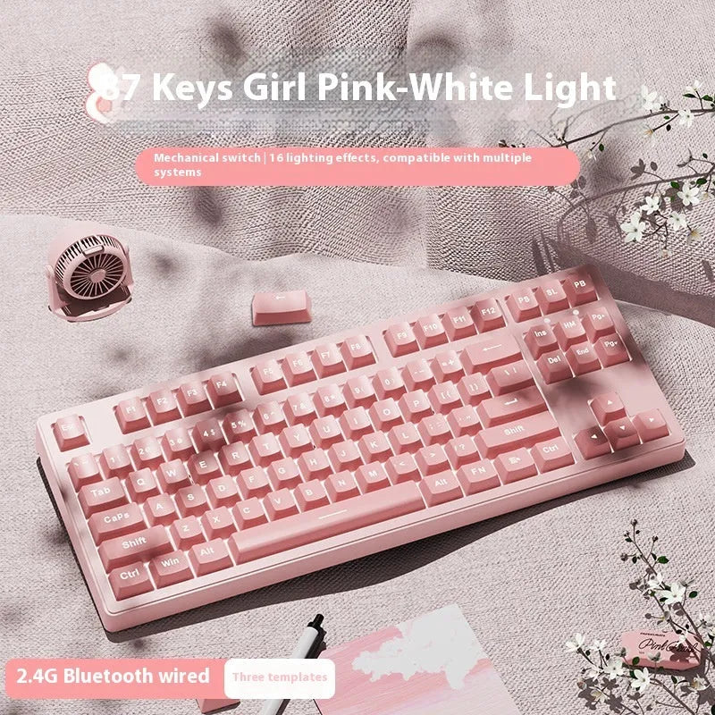 Wireless mechanical keyboard with three connection modes, shown in a choice of 87-key or 108-key layouts and various colour themes.
