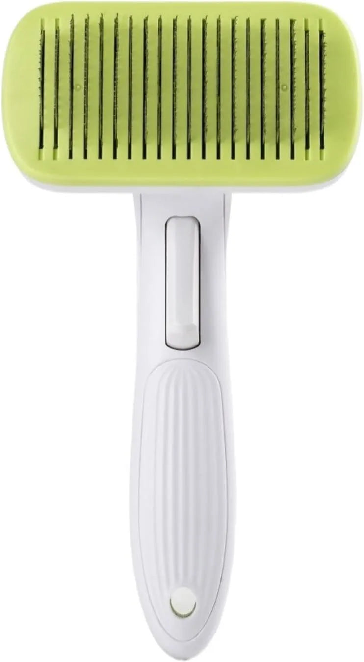 Automatic pet hair removal comb for dogs and cats in blue, grey, green, and pink colour options