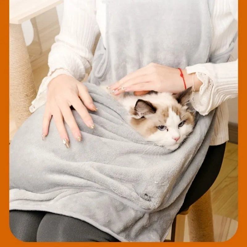 Plush pet carrier apron in beige with adjustable neck strap for small cats and dogs