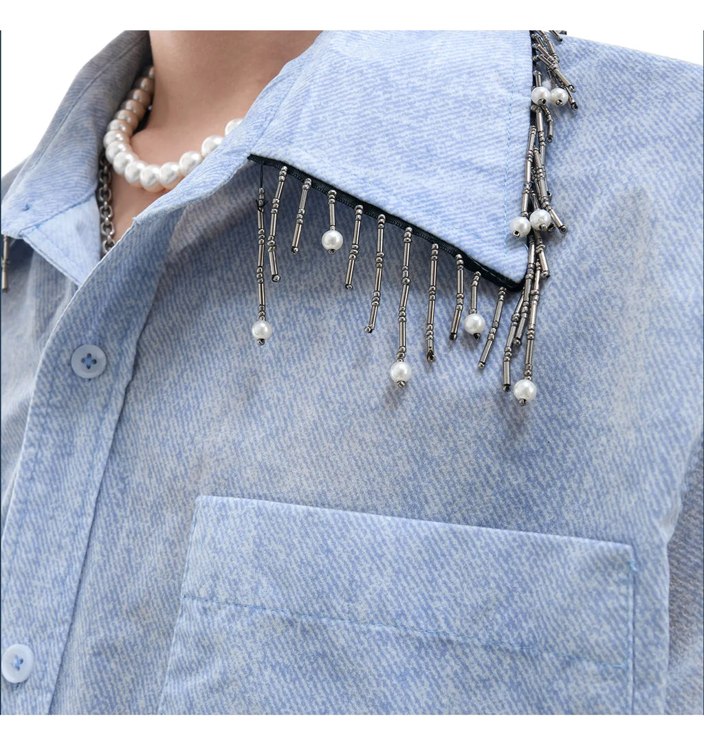 Men's blue and white gradient quilted loose fit short sleeve shirt