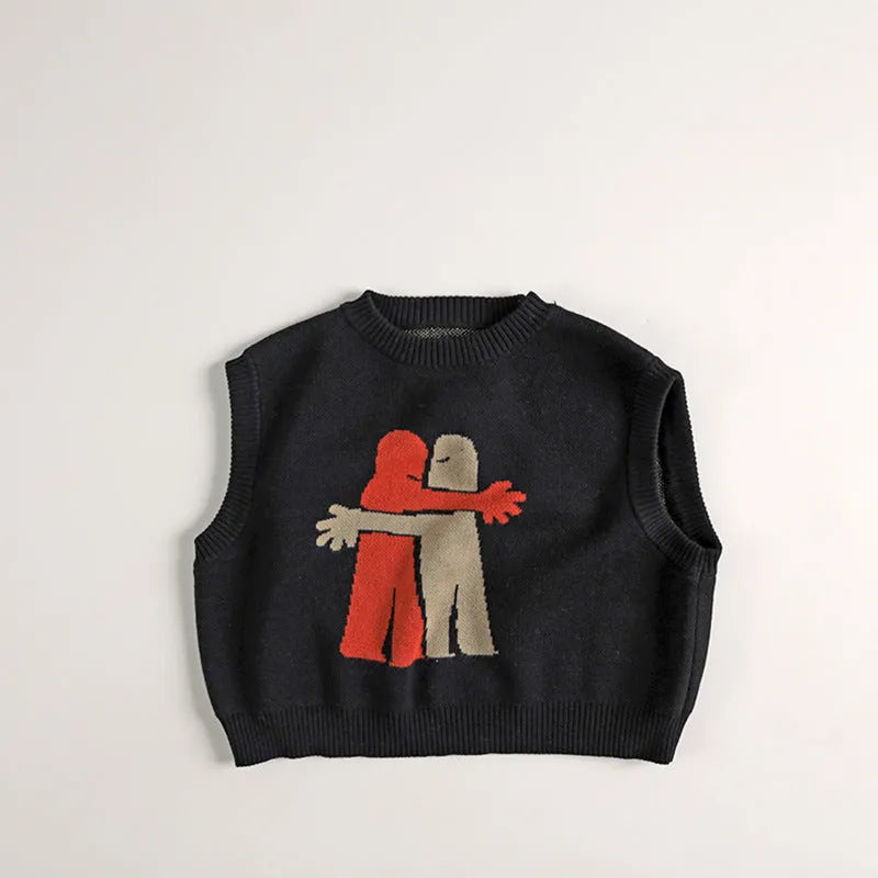 Unisex cartoon pattern cotton sweater for kids in black, suitable height 80-130cm