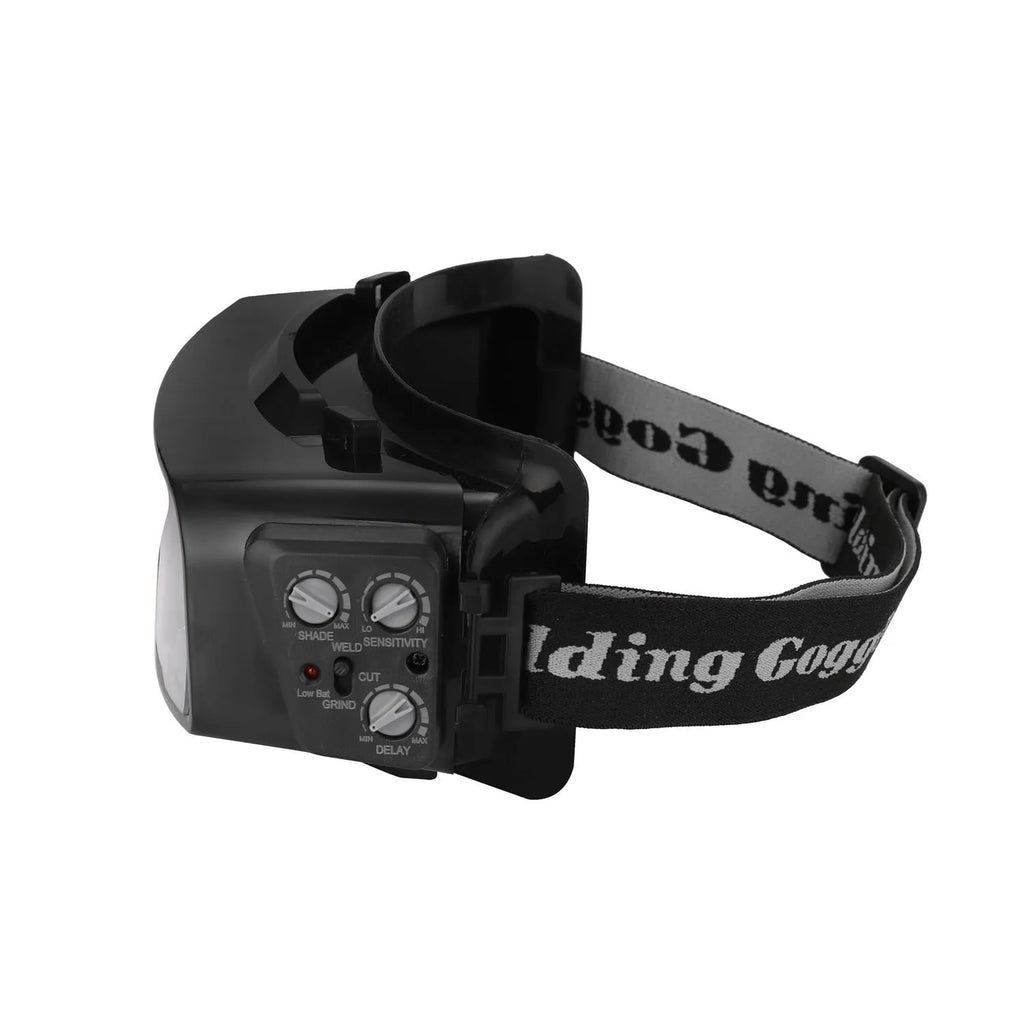 Black automatic welding mask with a large rectangular viewing lens and head strap.