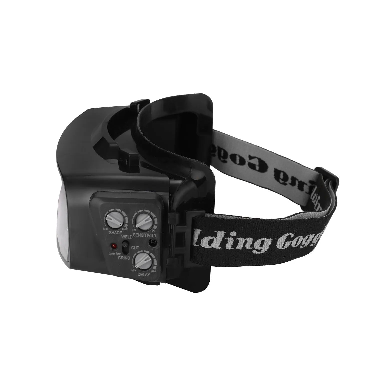 Black automatic welding mask with a large rectangular viewing lens and head strap.