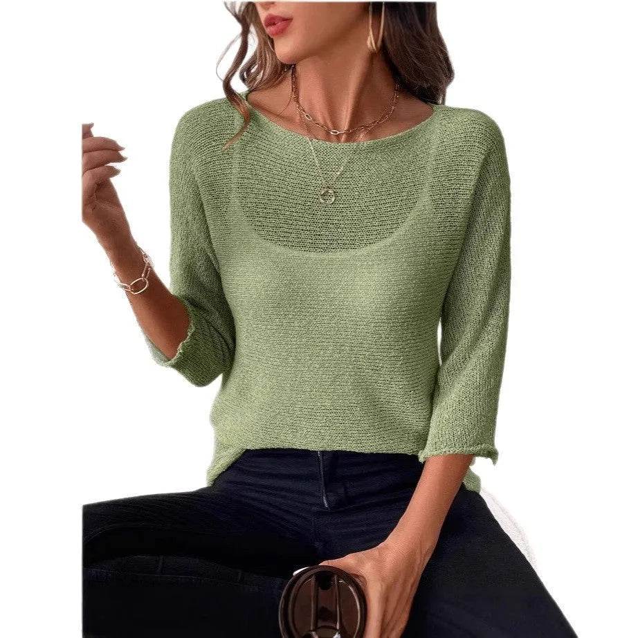 Women's knitted off-shoulder overall jumper in lavender purple with a 3D pattern and 3/4 sleeves.