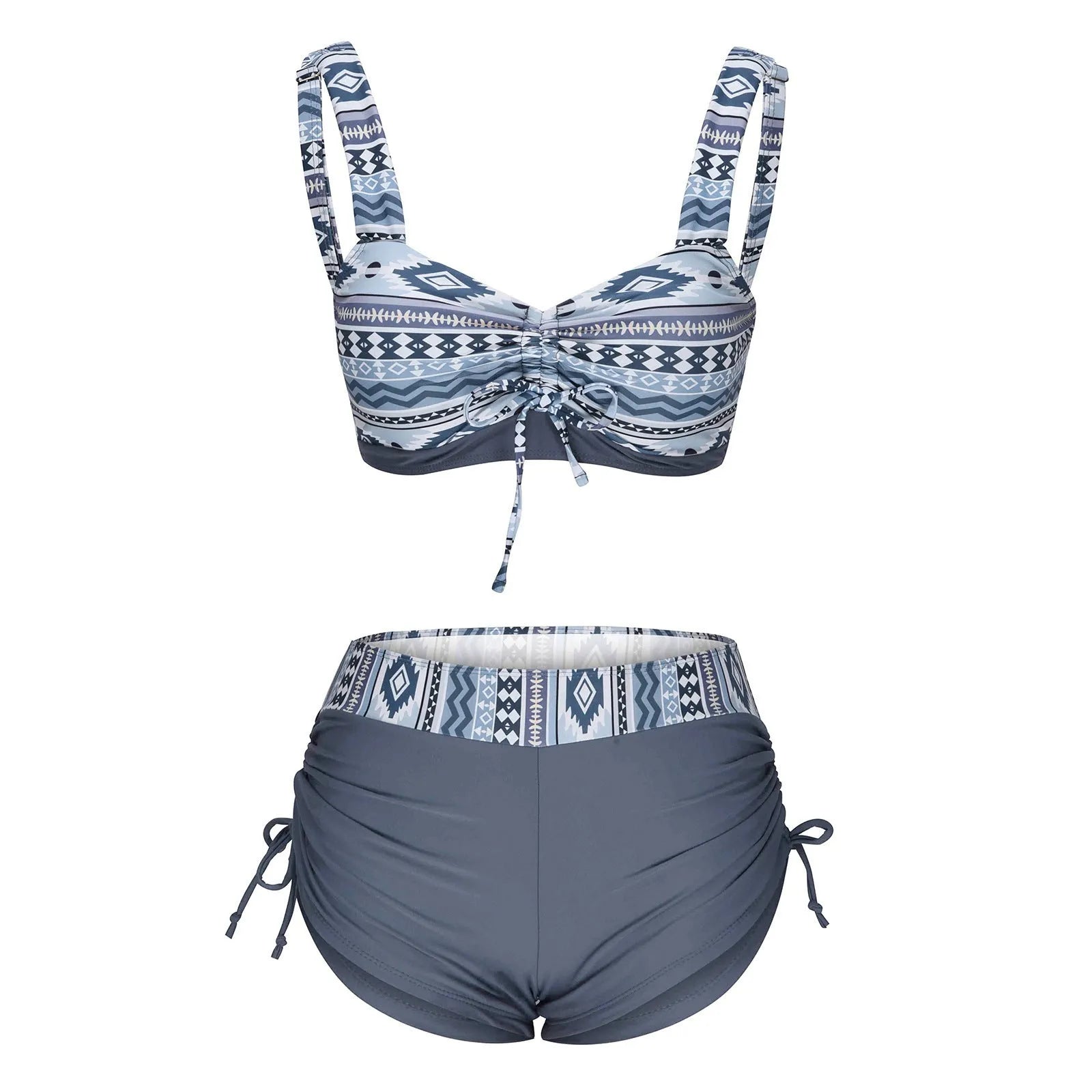Women's bikini swimsuit in picture colour, shown as a two-piece without padding or underwire.