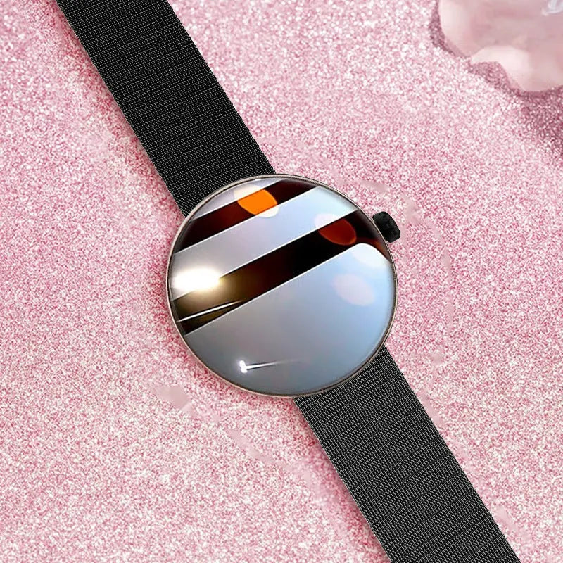 Smart watch with circular colour screen and metal strap showing heart rate monitoring display