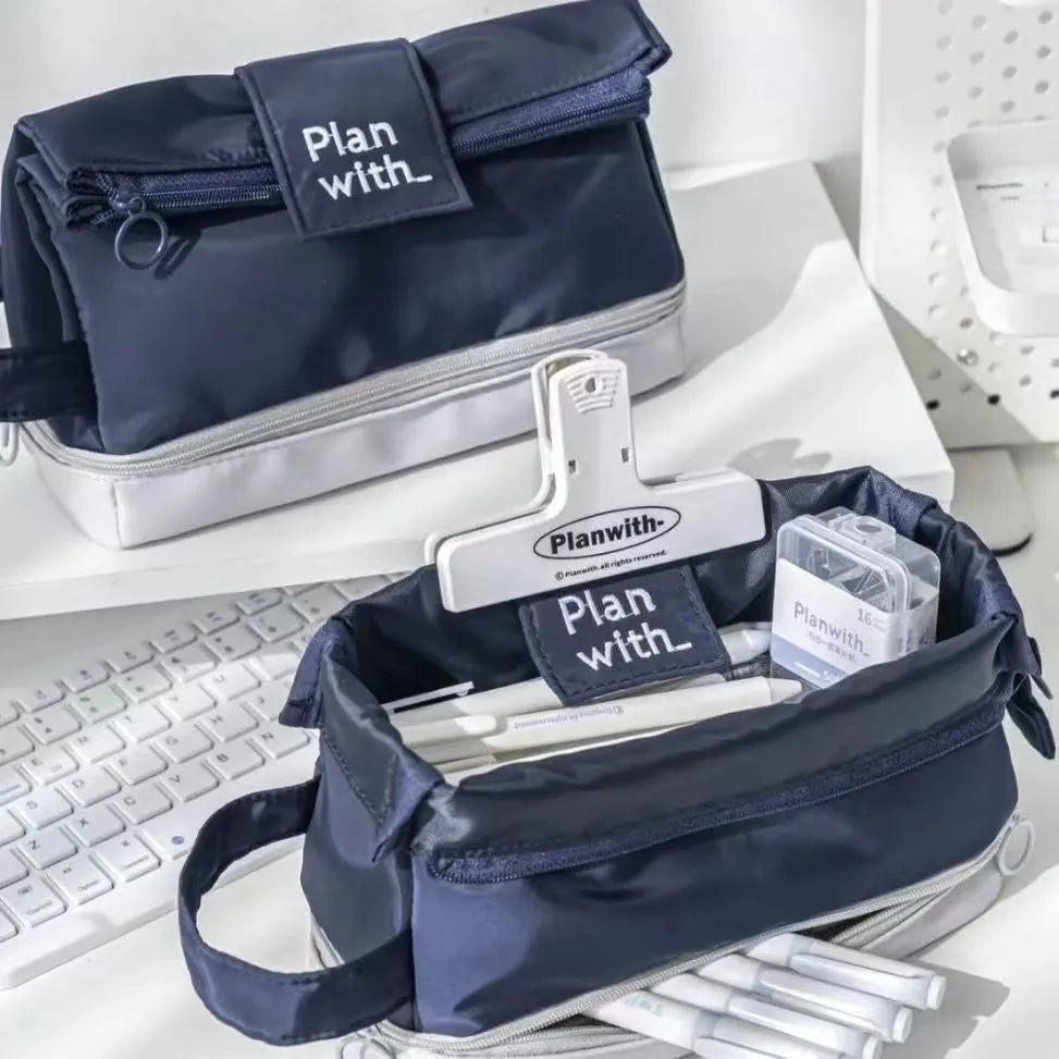 Polyester student pencil case with folding double layer design in blue colour option