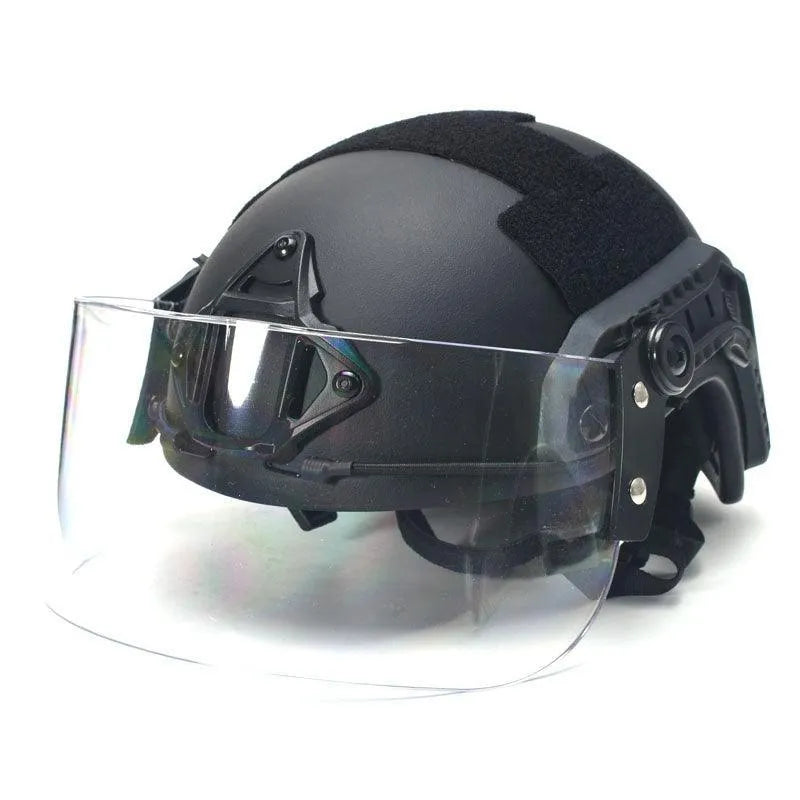 Transparent polycarbonate helmet face protection mask with guide rail mounting