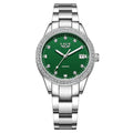 Women's fashion quartz watch with diamond-encrusted dial and luminous hands in stainless steel case