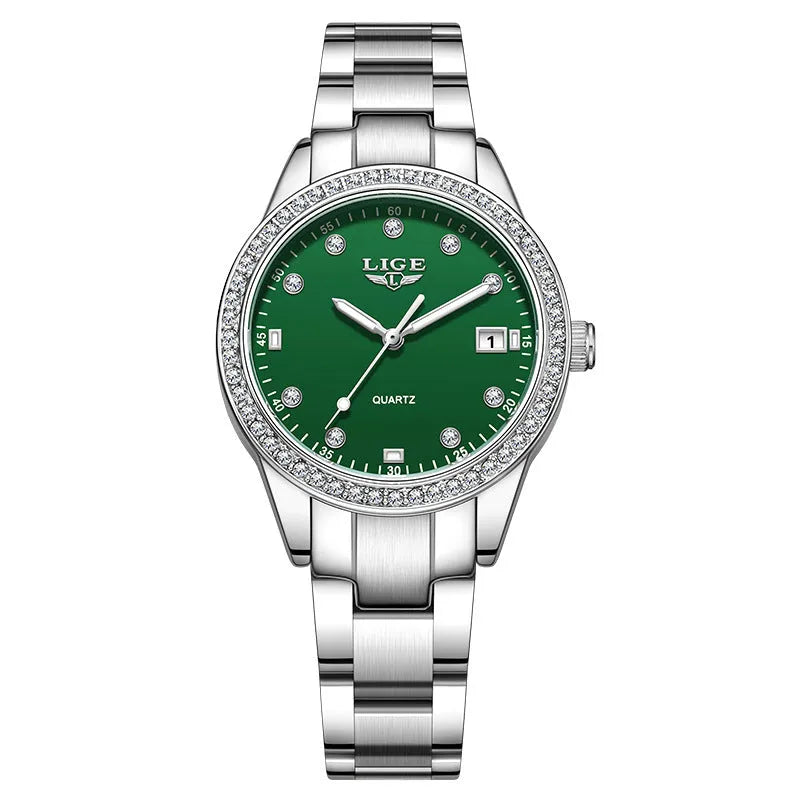 Women's fashion quartz watch with diamond-encrusted dial and luminous hands in stainless steel case