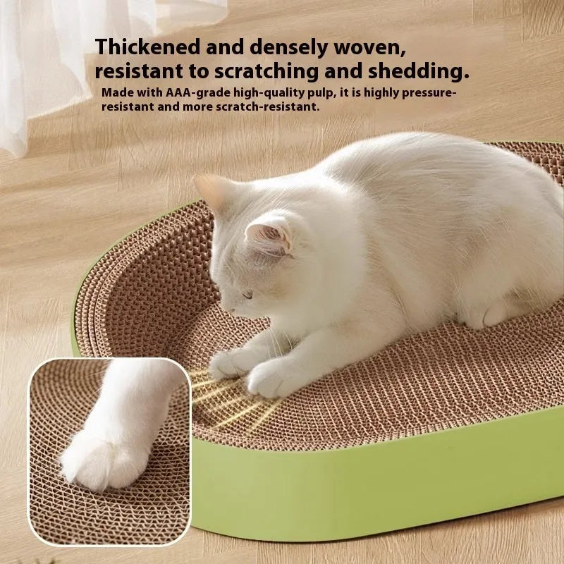 Green oval corrugated paper cat scratch board and nest bed showing 55cm diameter.