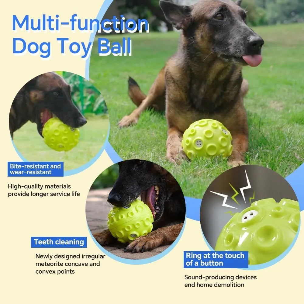 Colourful natural rubber dog toy ball with textured meteorite bumps for aggressive chewers with squeaky sound