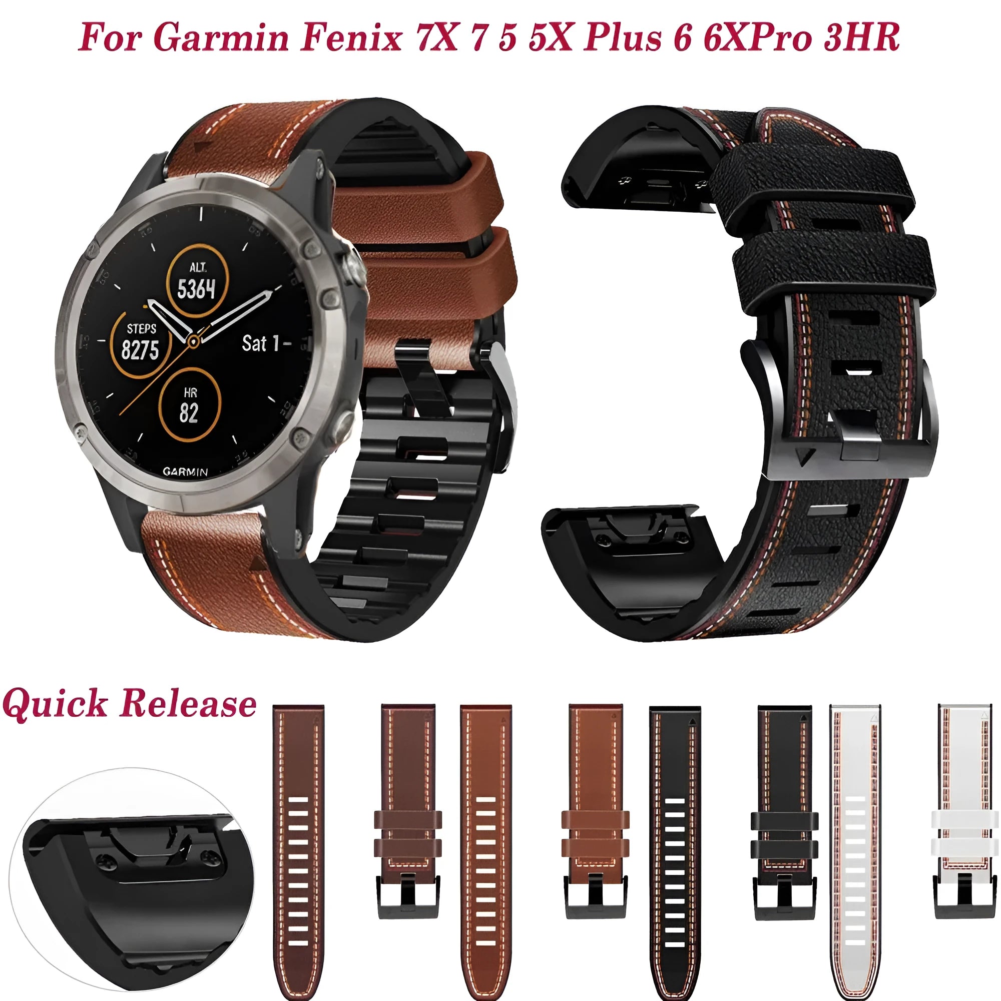Quick release silicone leather watchband for Garmin Fenix watches in black, brown, light brown, or white.