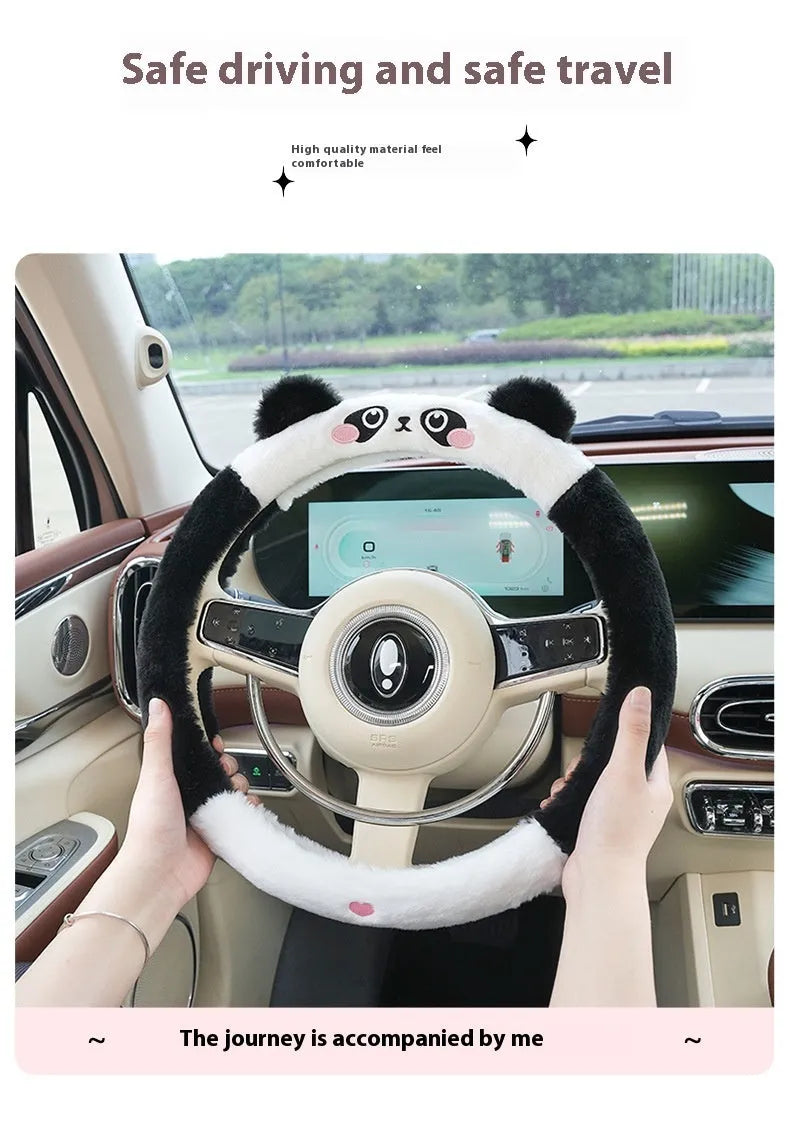 Plush rabbit fur steering wheel cover with embroidered cartoon animal pattern showing 38cm diameter
