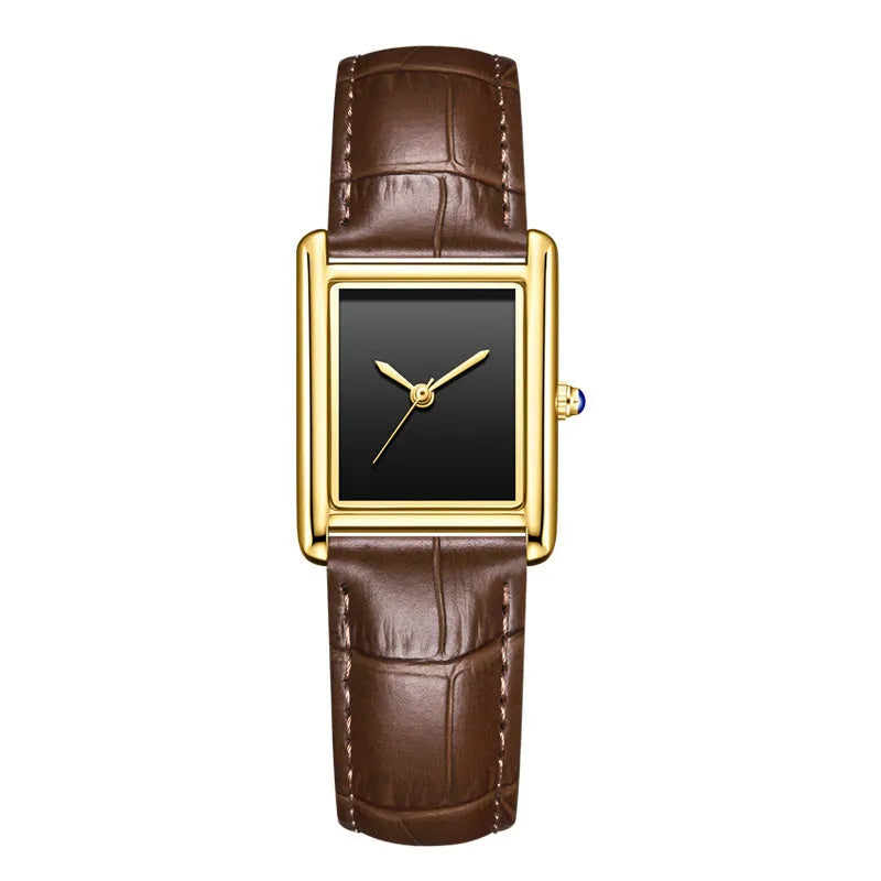 Couple leather watch with square dial, 7mm thickness, waterproof, in gold and black colour option on a white background