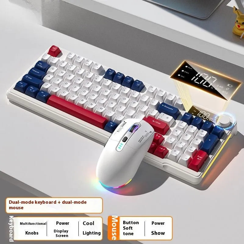 Wireless Bluetooth keyboard and mouse combo with mechanical-style keys in blue and white colour scheme