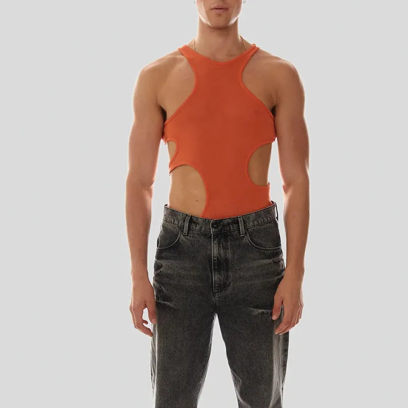 Men's sling double-shoulder strap hollow knitted vest in stretch slim fit polyester, black colour