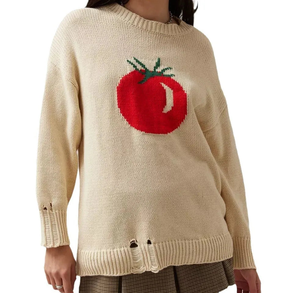 Women's loose-fitting acrylic sweater with jacquard detailing in milky white beige colour