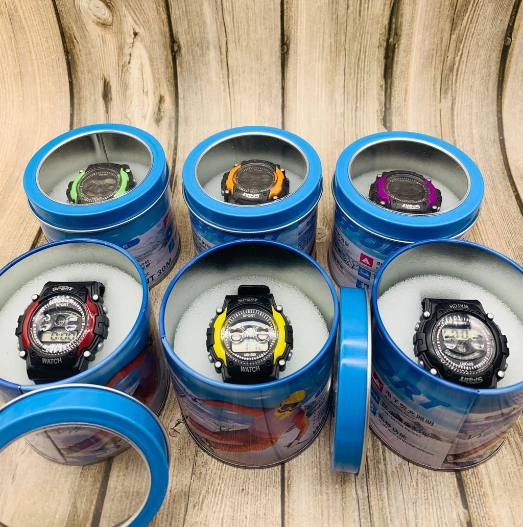 Digital sports watch for kids with colourful silicone strap and plastic case.