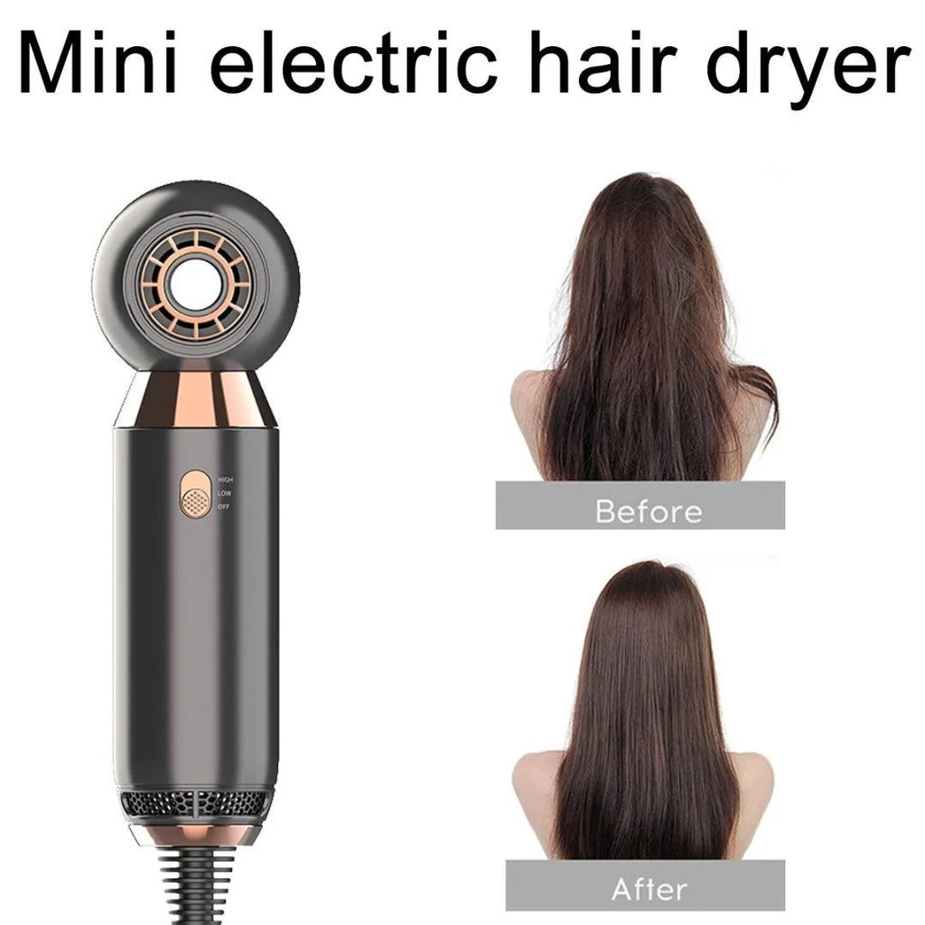 Compact white hair dryer with diffuser accessory, measuring 20cm long with safety plug