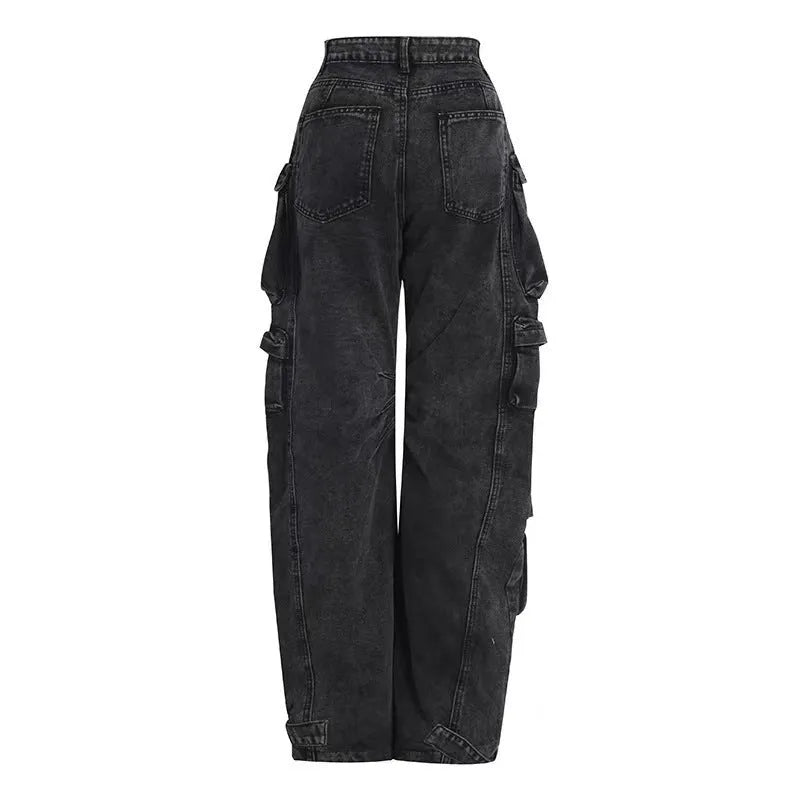 Women's blue tie-dyed high waist wide leg jeans with multiple pockets on a street style background.