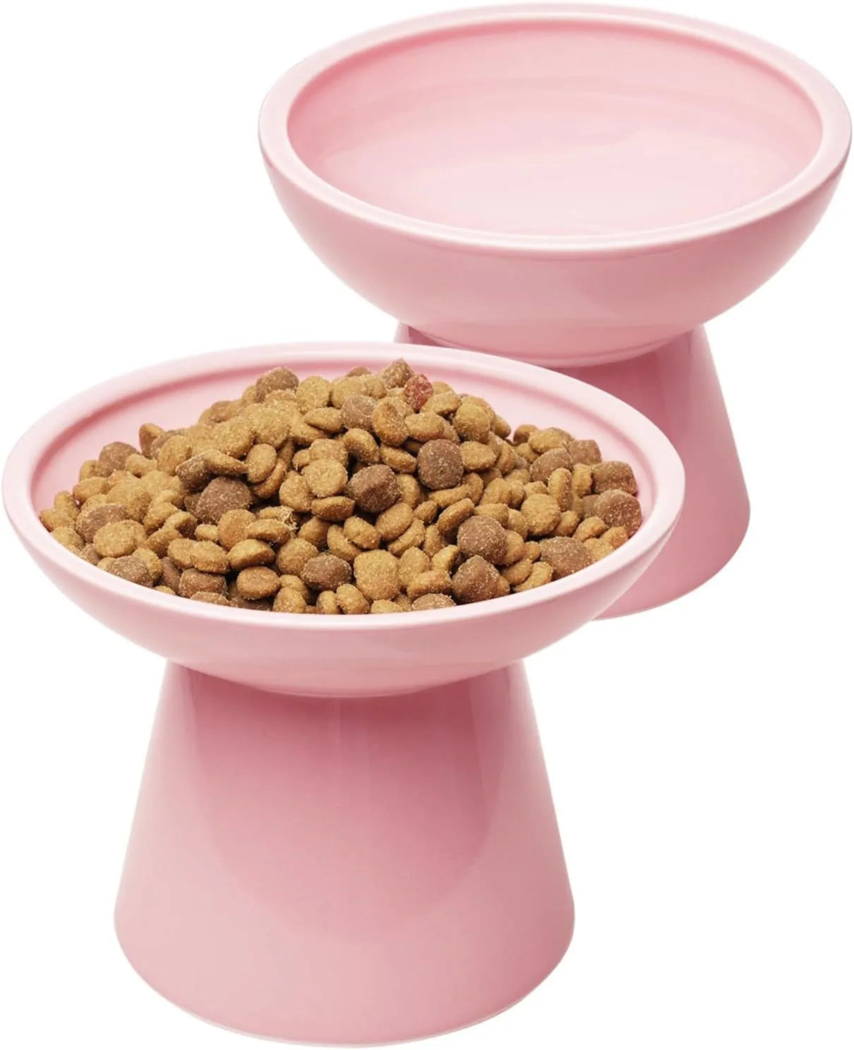 Extra wide elevated ceramic cat food and water bowl in blue, green, pink or white