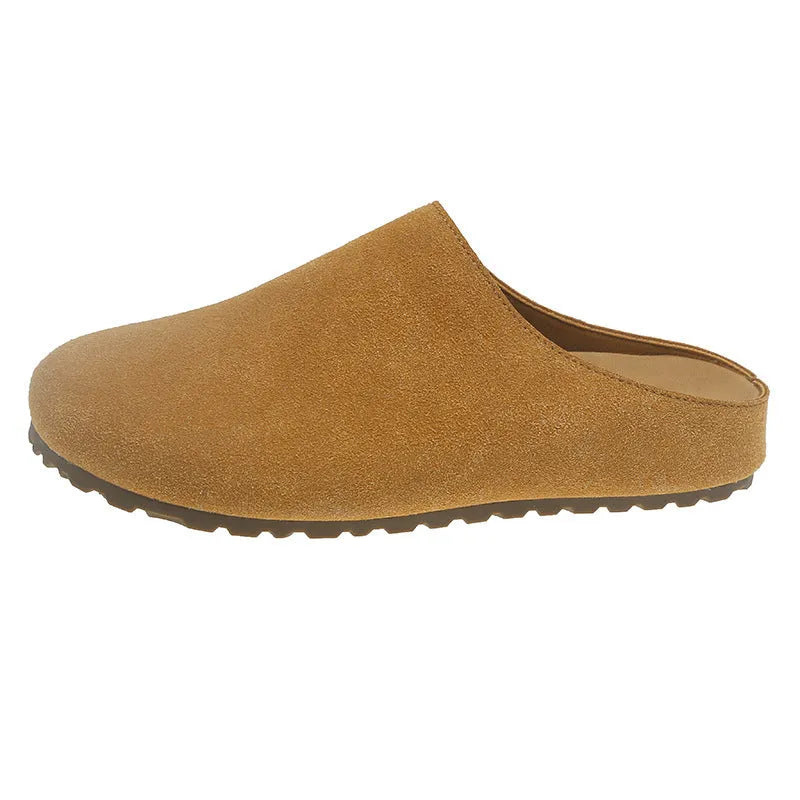 Korean style square toe outdoor slippers in apricot colour with a microfiber upper and PU sole.