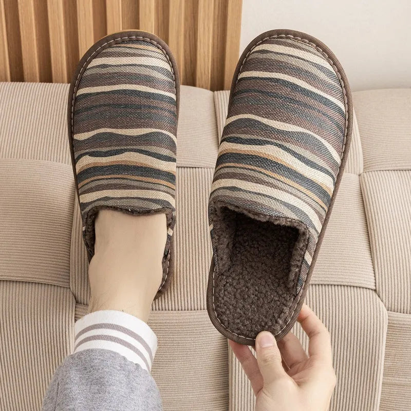 Linen and cotton household slippers with PVC sole in a floral colour option showing size and material detail.