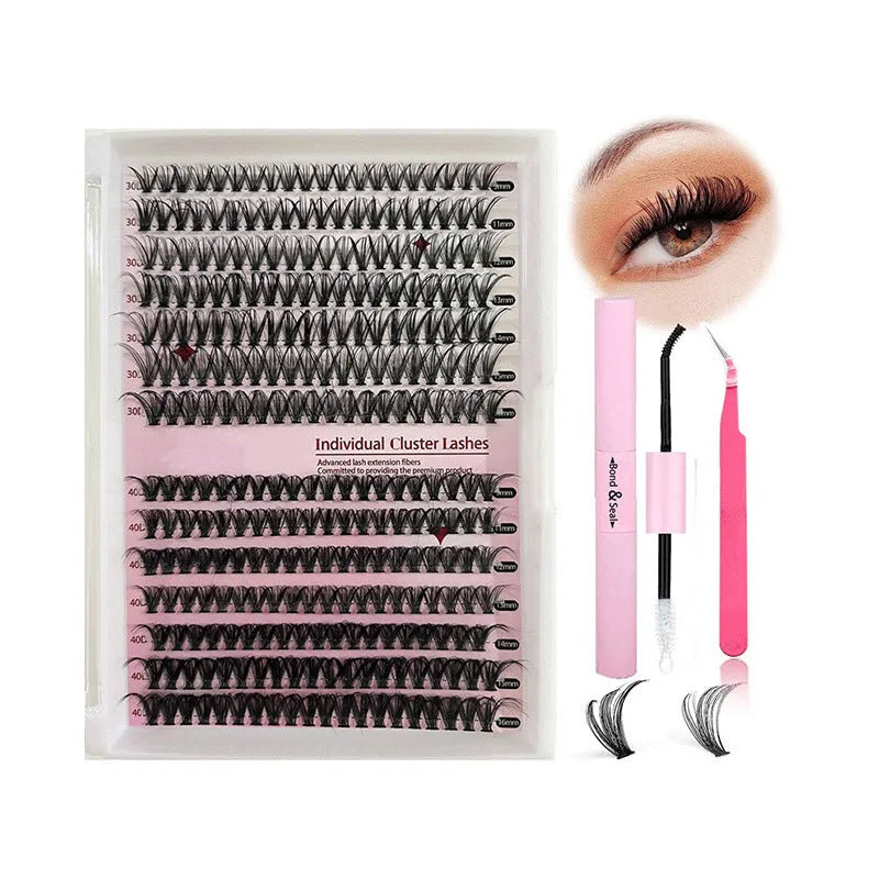 DIY mixed package of cluster false eyelashes showing 30D and 40D high-grade fibre lashes from 9mm to 16mm with tweezers.