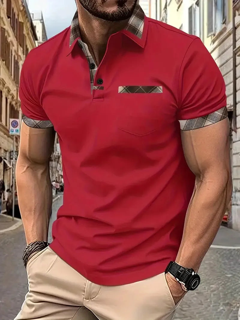 Men's loose fit plaid colourblock short sleeve T-shirt on a white background