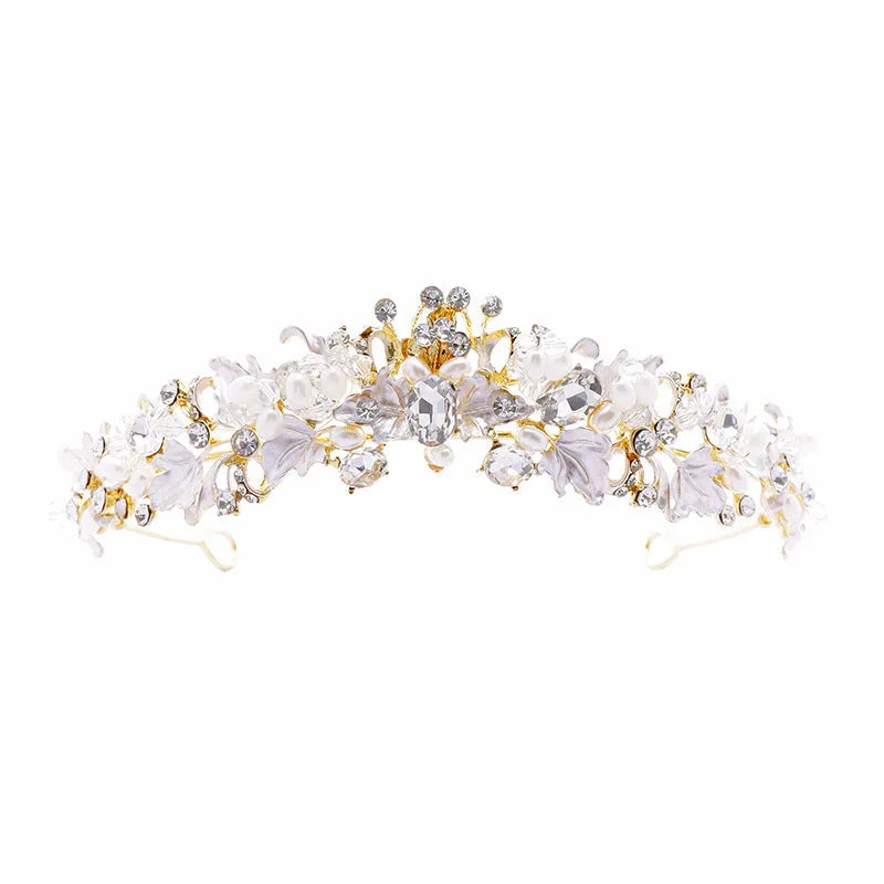 Gold alloy pearl crown headdress for women, a European-style wedding hair accessory.