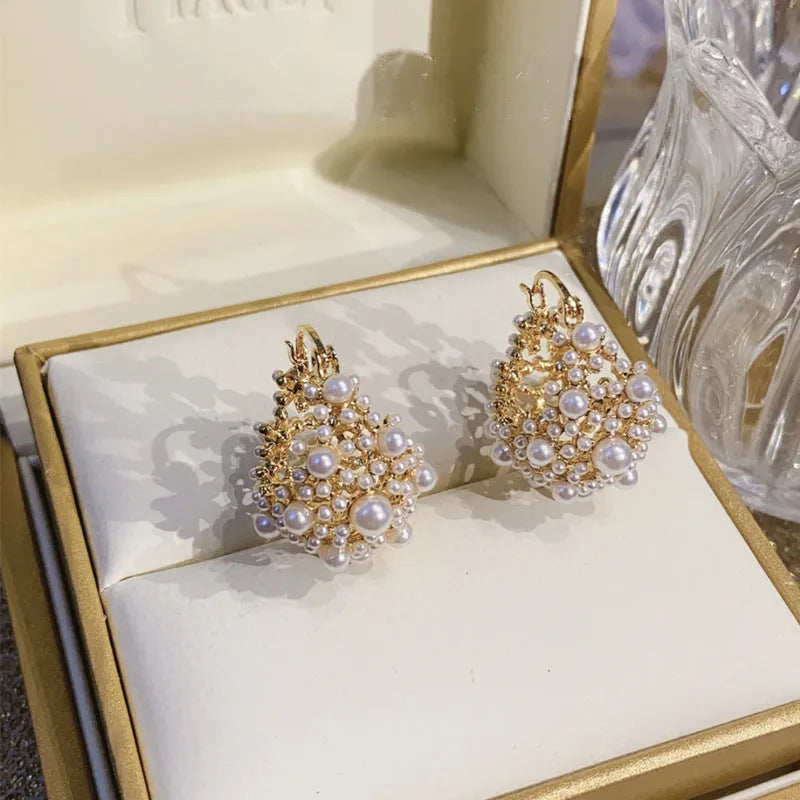 Gold colour copper flower basket earrings with small bead floral pattern and pearl inlay