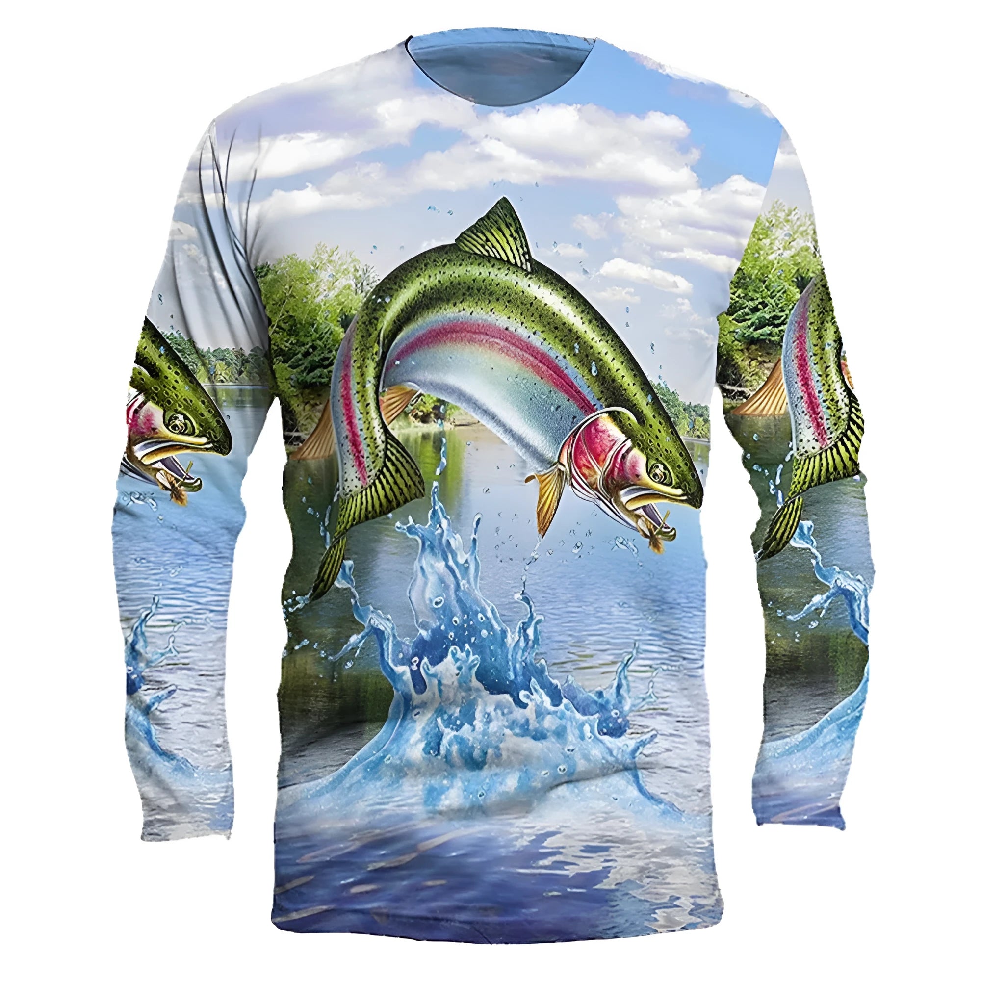 Men's grey round neck pullover with a colourful printed fish design on the front.