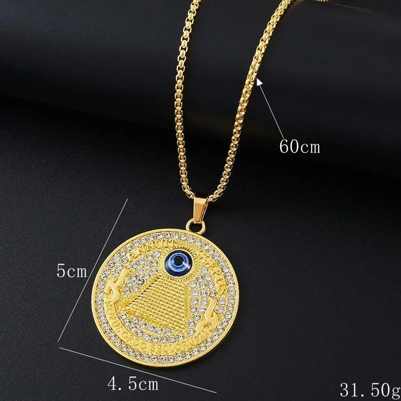 Geometric gold-tone alloy pendant necklace for women with an inlaid zircon stone.
