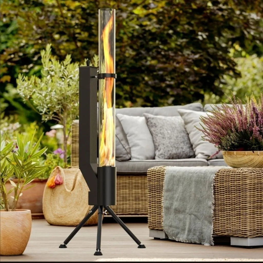 Vertical cast iron rocket furnace wood burning stove for courtyard heating.